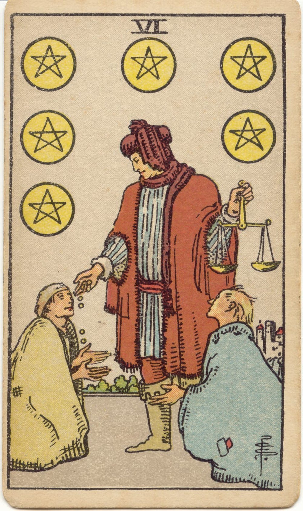 The Six of Pentacles from the Rider-Waite-Smith tarot deck: a wealthy merchant in a red cloak holds balanced scales in one hand and drops gold coins into the outstretched hands of two kneeling beggars.