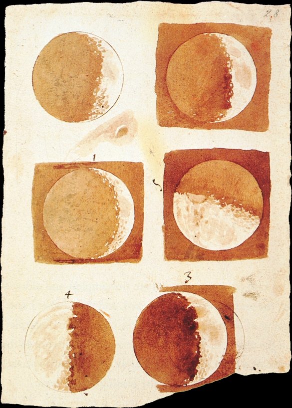 Galileo's sepia drawings of the moon's phases