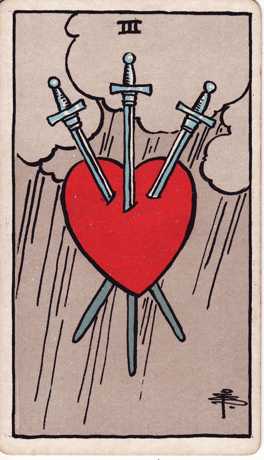 The Three of Swords from the Rider-Waite-Smith tarot deck, three swords piercing a red heart beneath storm clouds.
