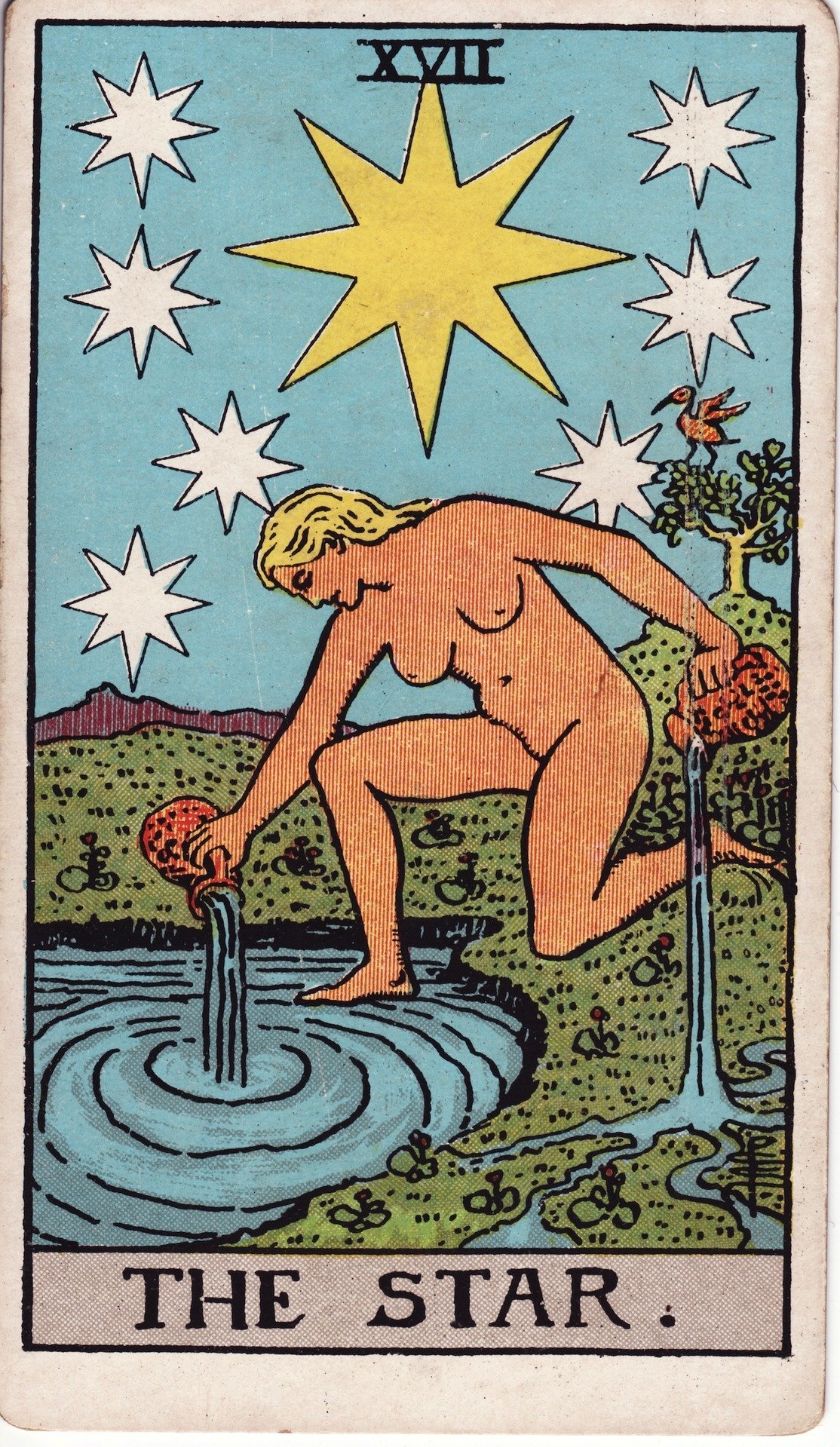 The Star card from the Rider-Waite tarot deck, showing a figure pouring water beneath eight stars.