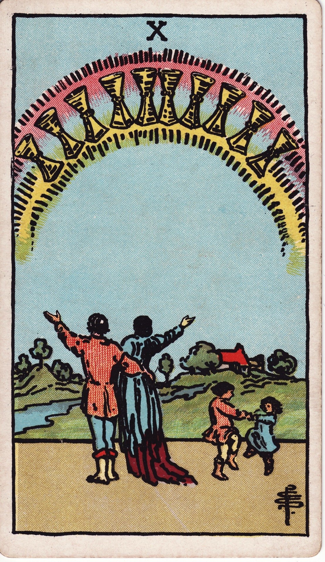 The Ten of Cups card from the Rider-Waite tarot deck, showing a couple with raised arms beneath a rainbow of ten cups.