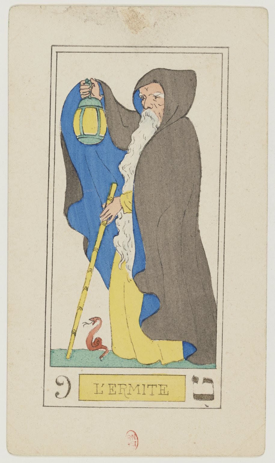 The Hermit card (L'Ermite) from the 1889 Oswald Wirth tarot deck, a hand-colored print of a hooded figure with a lantern.