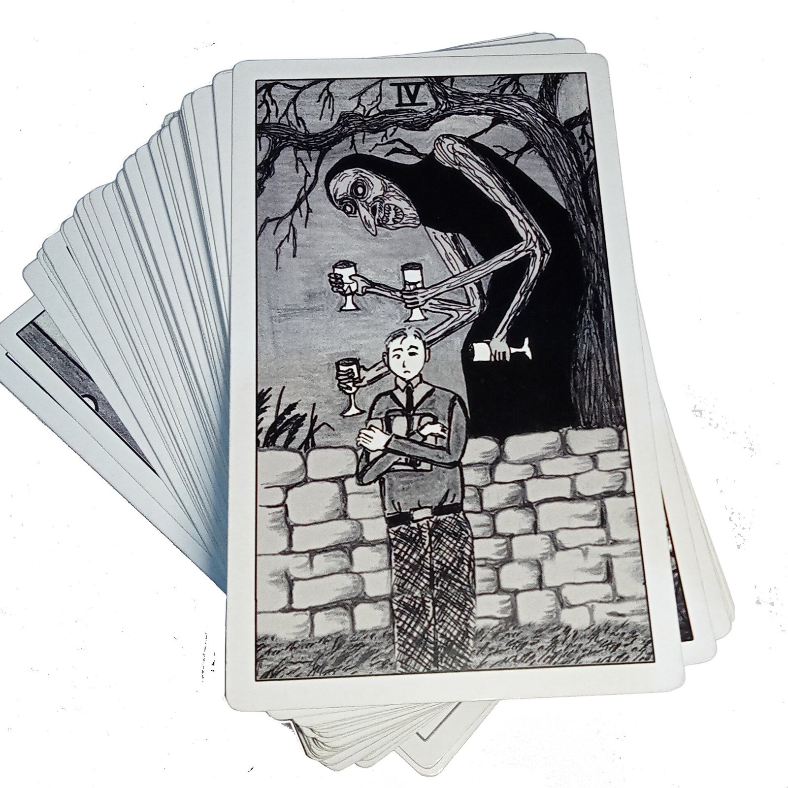 The Four of Cups card from the black-and-white Imaginary Friends tarot deck, showing a gaunt spectral figure offering cups to a person by a stone wall.
