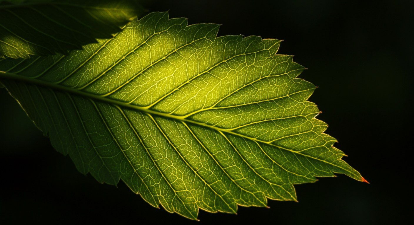 A close-up of a sunlit green leaf showing its veins