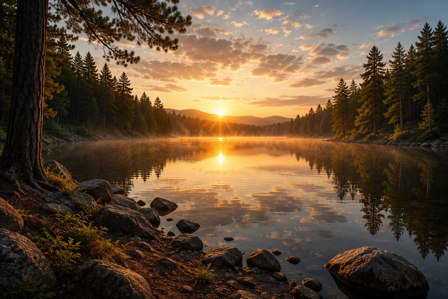 Sunrise over a calm lake surrounded by forest and rocks