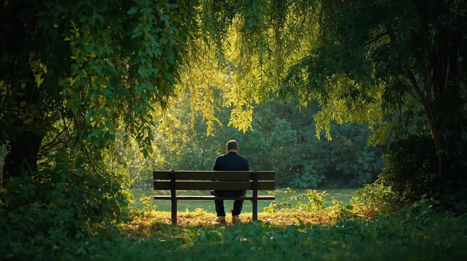 A person sitting alone on a park bench under green trees