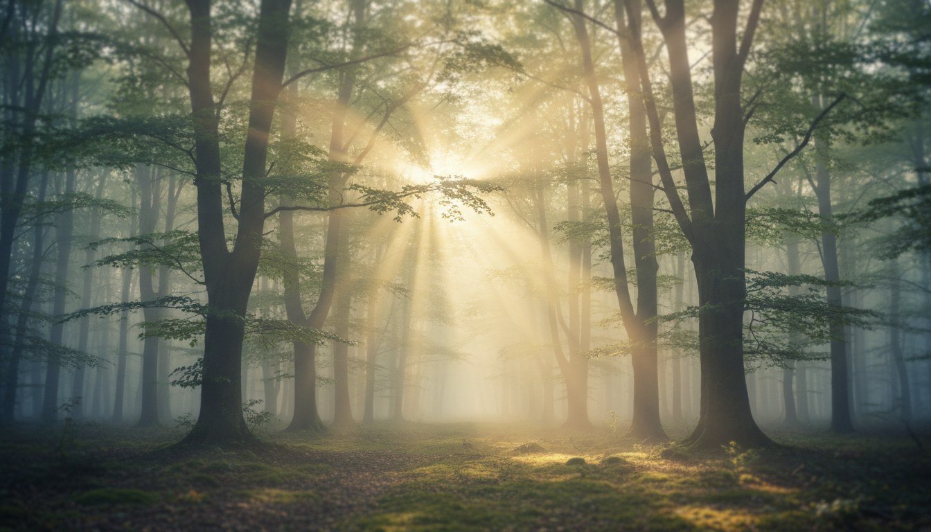 Sunlight streaming through tall trees in a forest