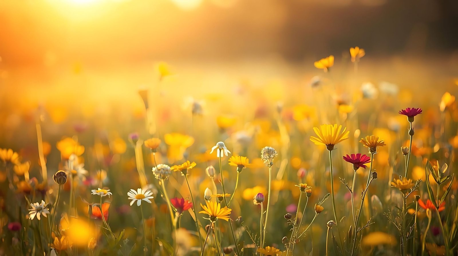 A wildflower meadow with yellow, white, and red blooms in sunlight