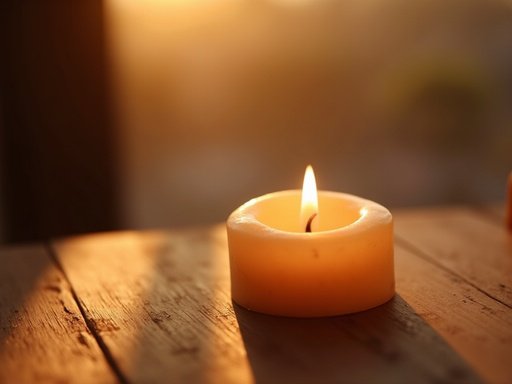 A lit pillar candle on a wooden table in warm light