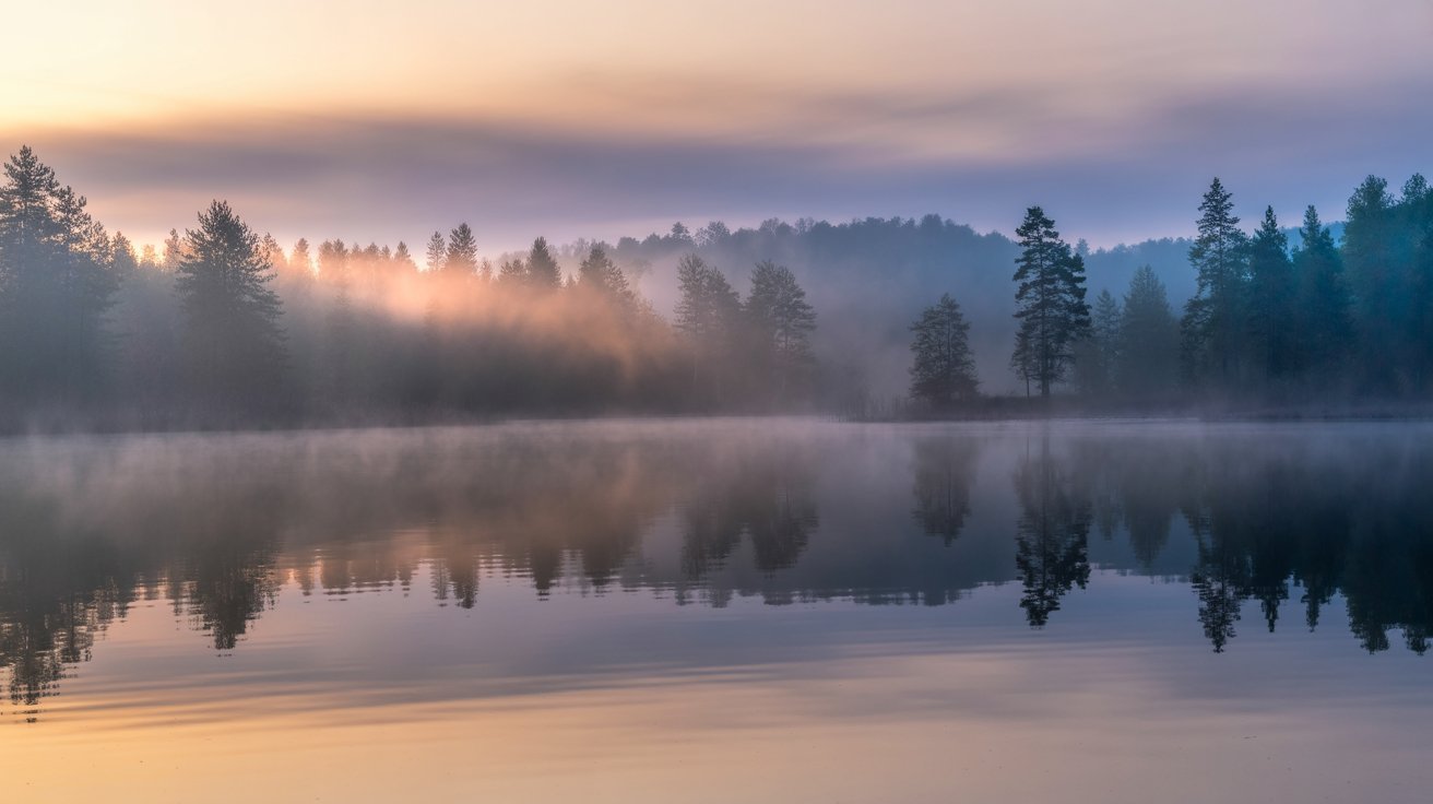 A misty lake at sunrise with trees reflected in calm water