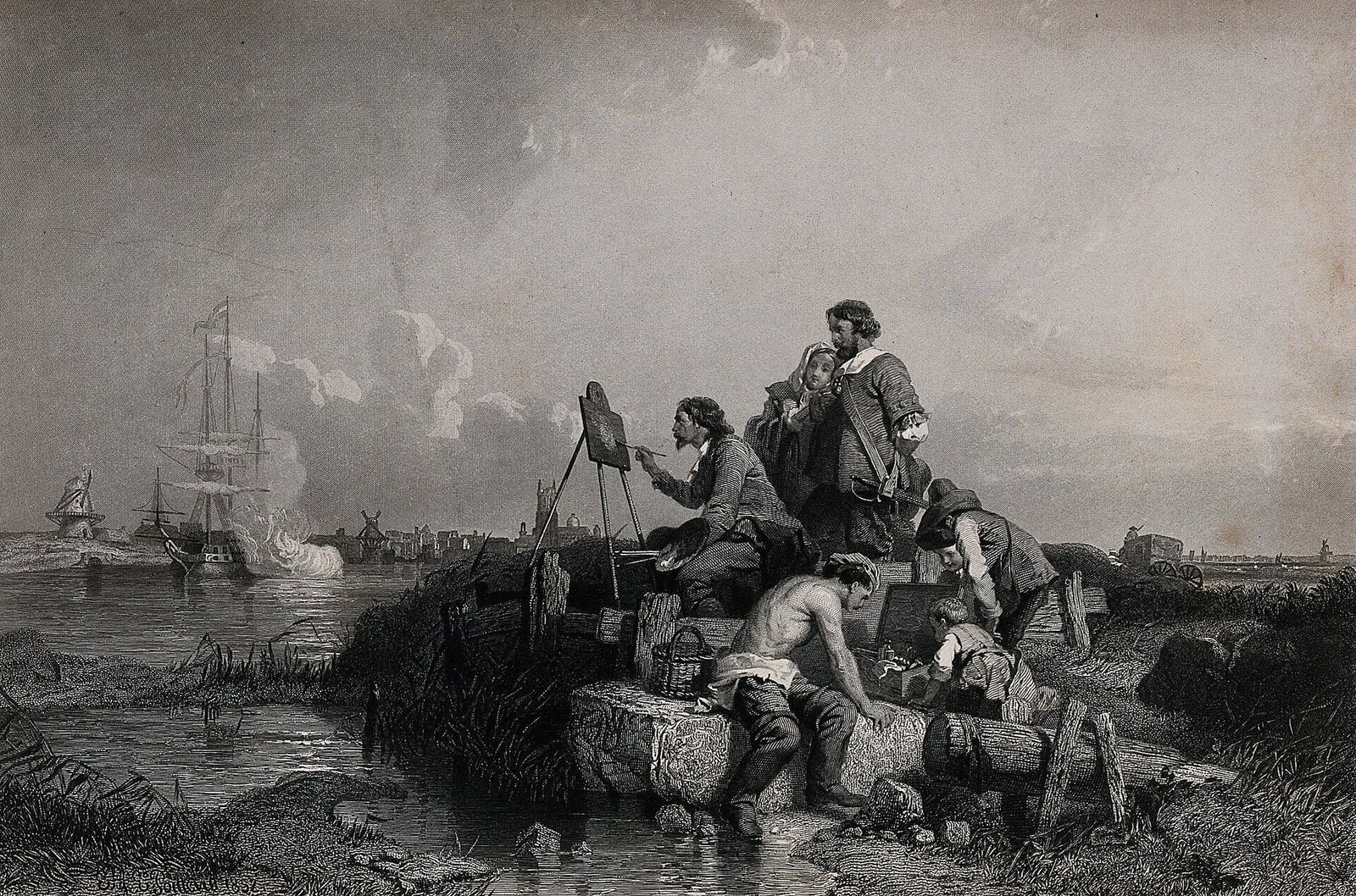 An engraving of an artist painting at an easel by the sea