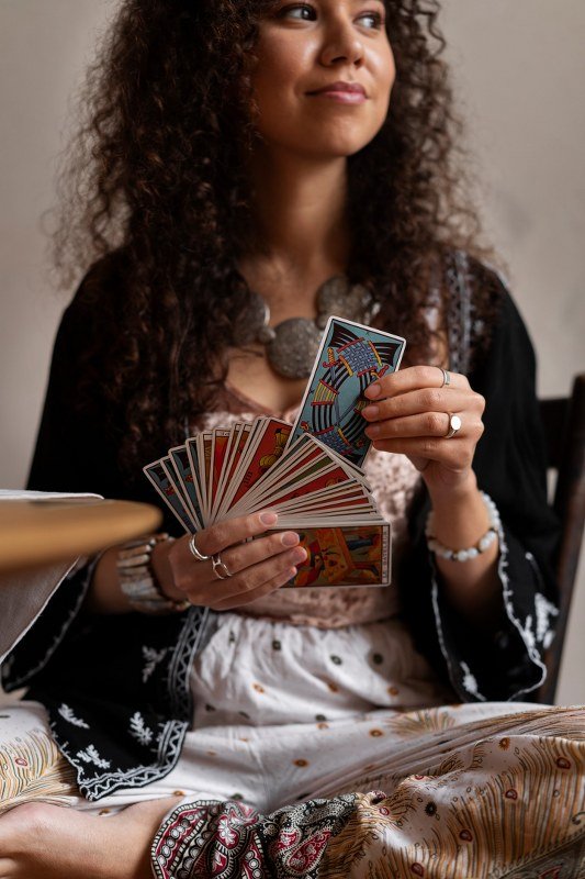 A woman with curly hair fanning tarot cards in her hands