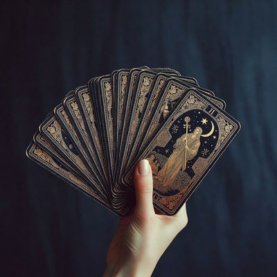 A hand fanning out a deck of black-and-gold tarot cards