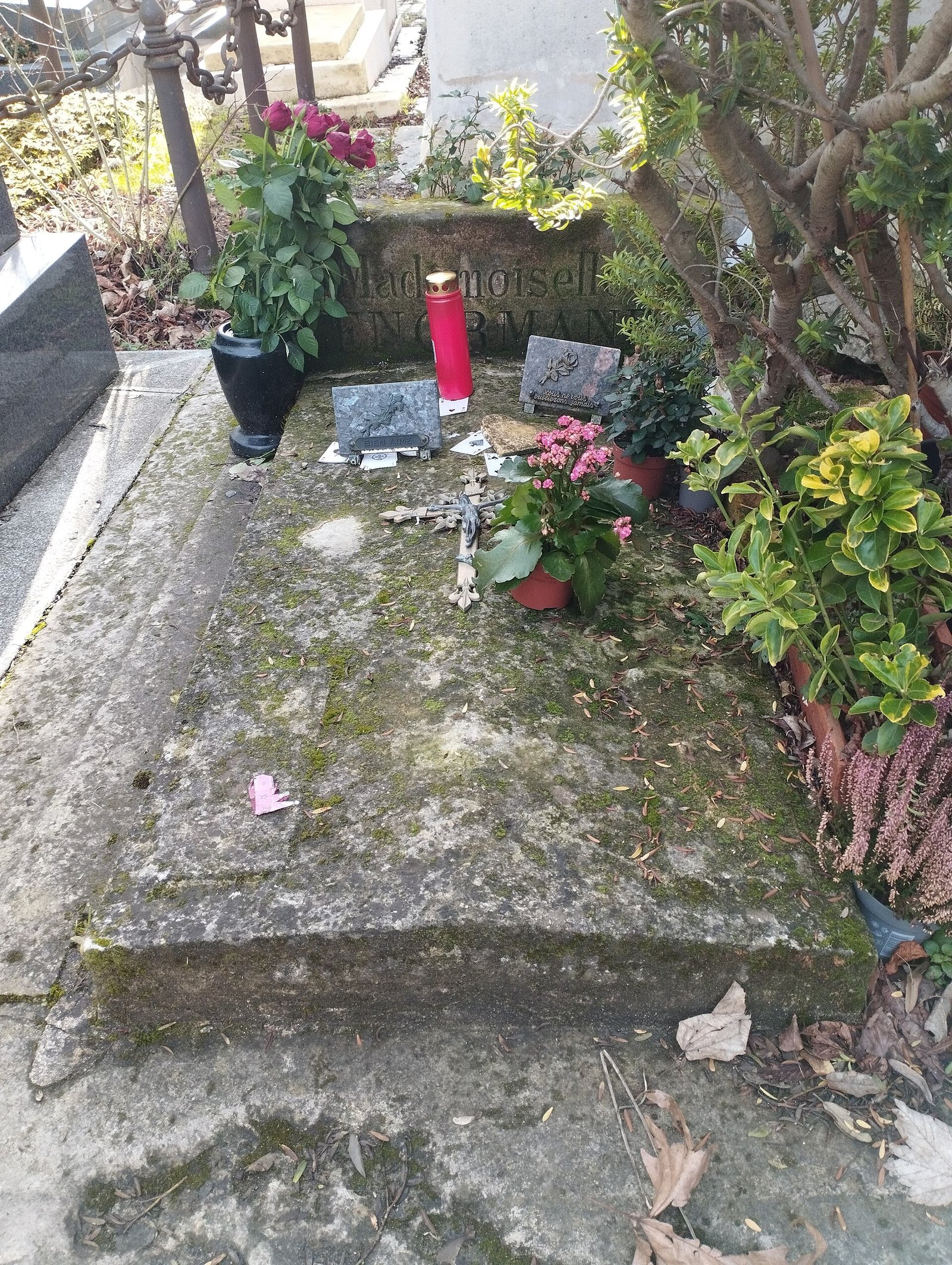 The tombstone of Marie Anne Lenormand decorated with flowers and offerings