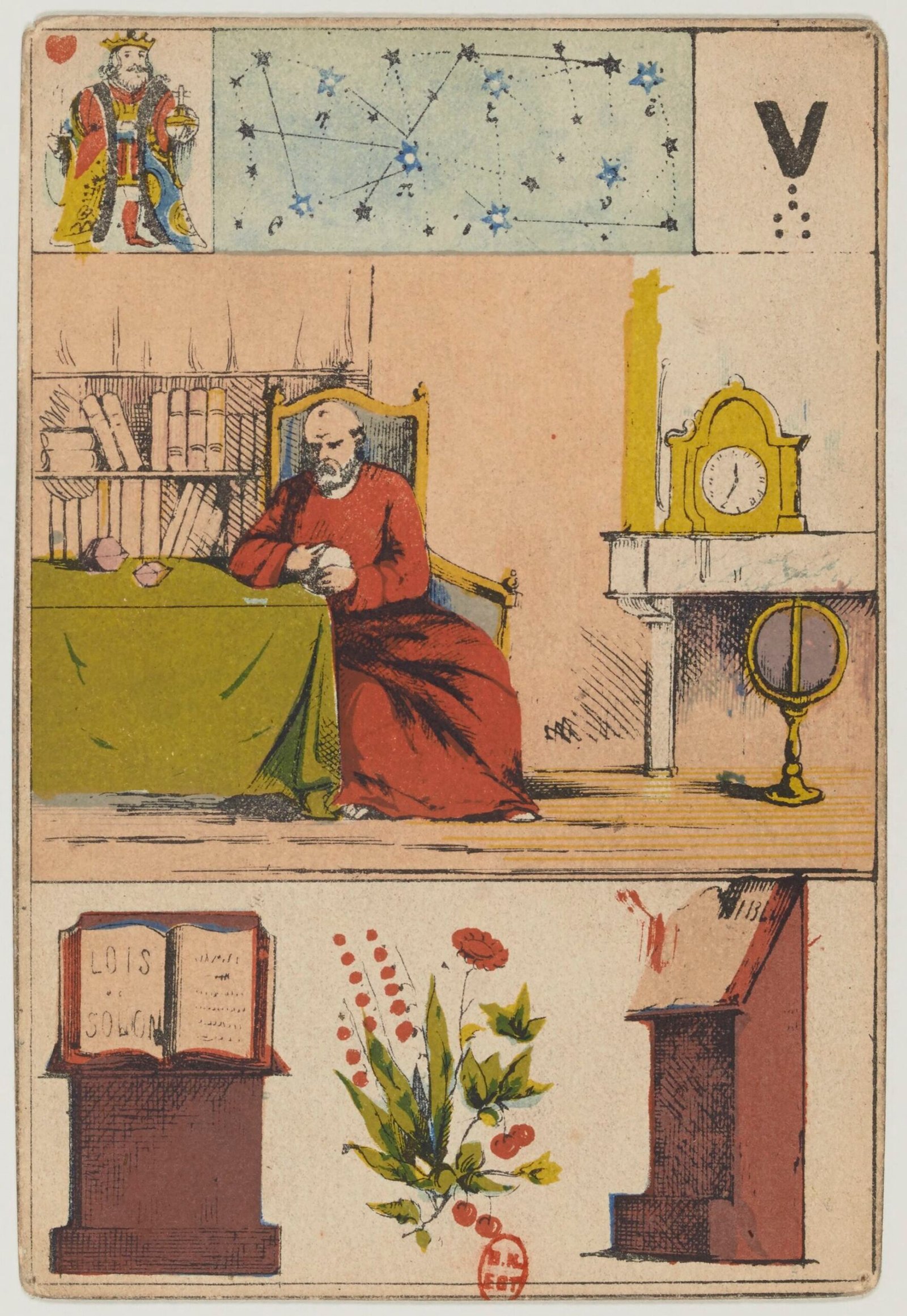 An illustrated card from the 19th-century Grand Lenormand deck showing a scholar at his desk