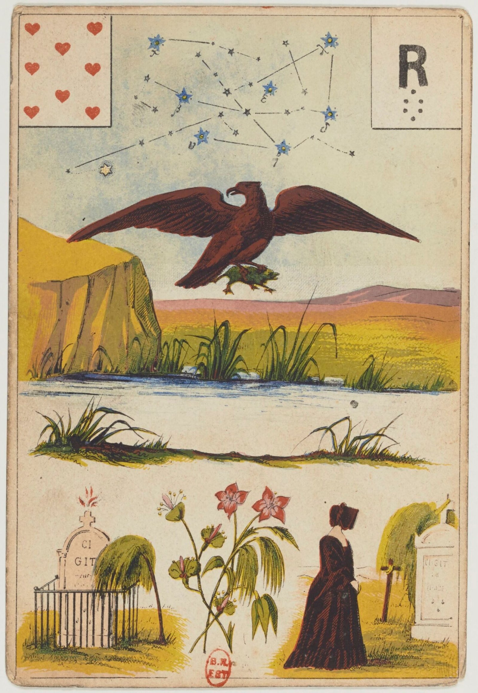 An illustrated card from the 19th-century Grand Lenormand deck showing an eagle carrying prey over water