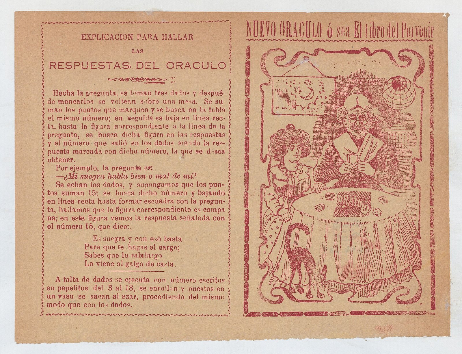 Cover of a Spanish fortune-telling oracle book showing a card reader with a client at a table