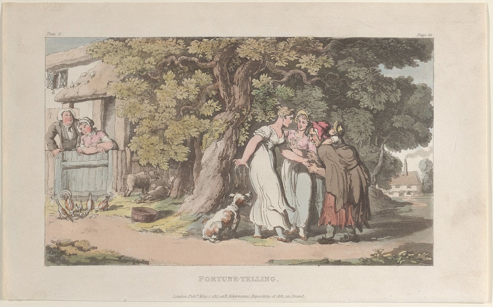 A 19th-century engraving of a fortune-telling scene with women and children gathered outdoors
