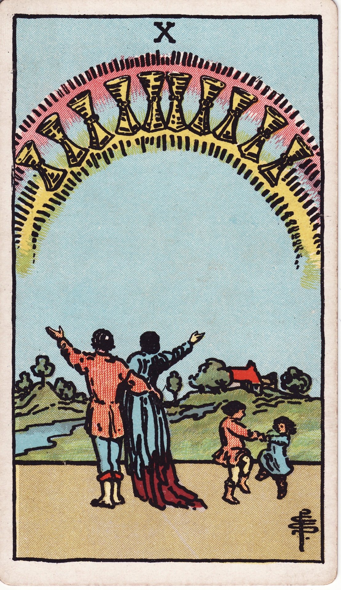 The Ten of Cups from the Rider-Waite-Smith deck, a family celebrating under a rainbow of ten golden cups.