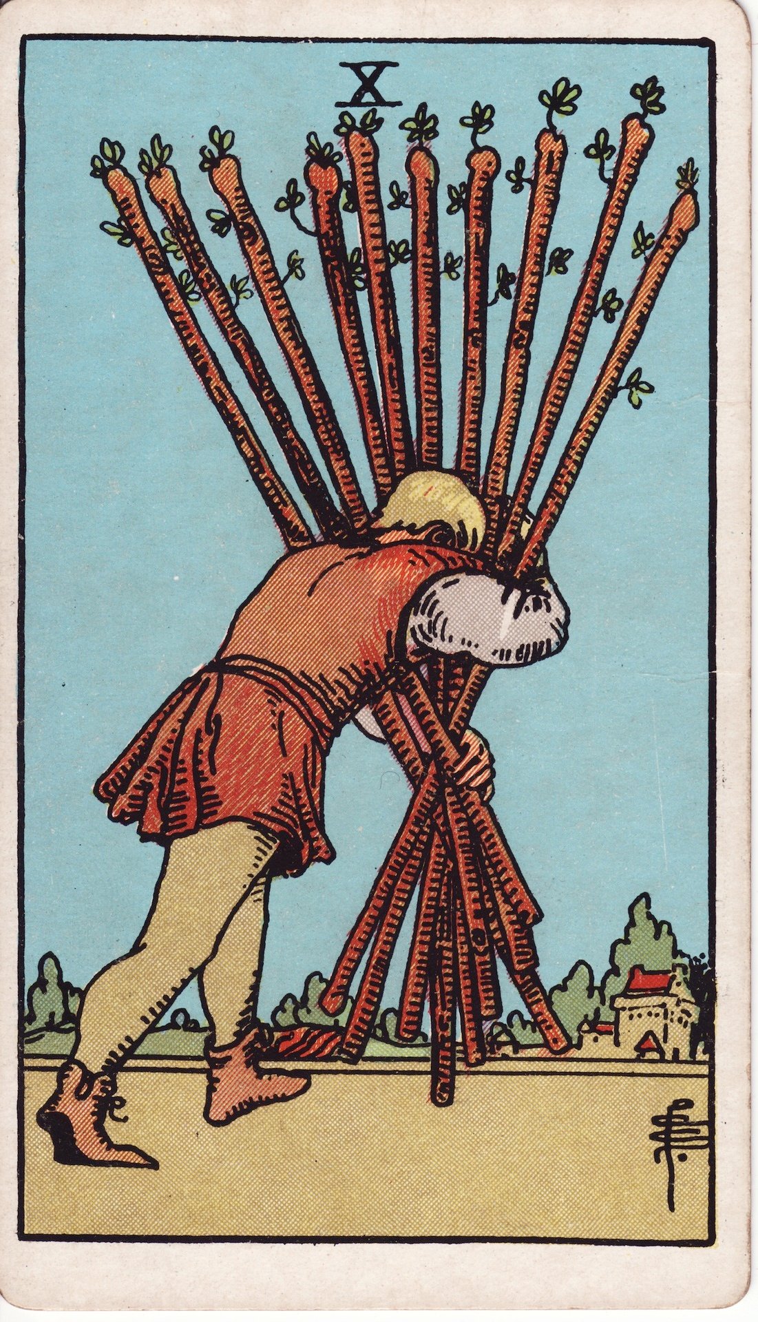 The Ten of Wands from the Rider-Waite-Smith deck, a figure bent forward under a bundle of ten wands.
