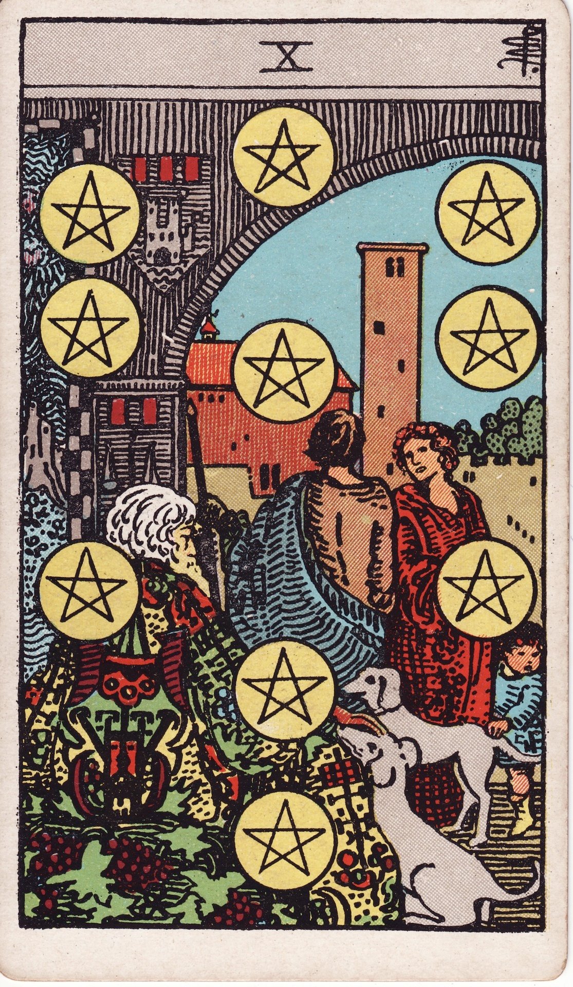 The Ten of Pentacles from the Rider-Waite-Smith deck, a family gathered under an archway surrounded by ten gold pentacle coins.
