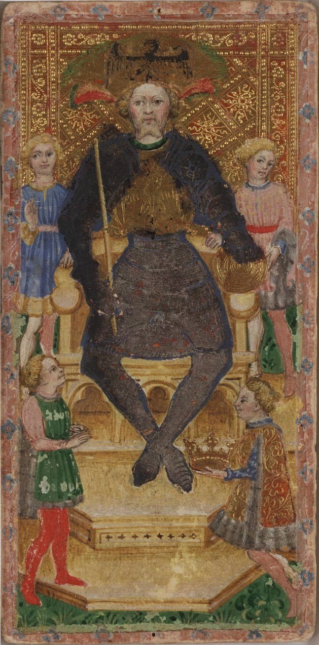 The Emperor card from the 15th-century Cary-Yale Visconti tarot deck, showing a crowned ruler seated on a throne with attendants