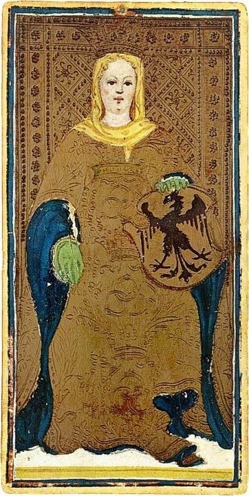 The Empress from the Visconti-Sforza deck, a robed woman in a gold gown and blue mantle holding a shield with a black eagle