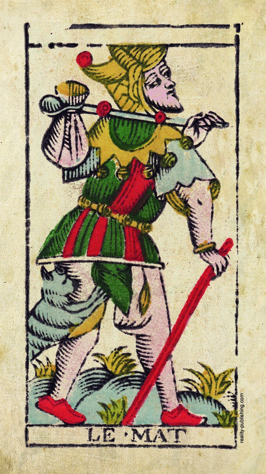 The Le Mat card from the 1760 Nicolas Conver tarot of Marseille, showing a ragged wanderer in torn clothes carrying a bundle on a stick, a dog biting at the seat of his breeches, in flat woodcut-style coloring.