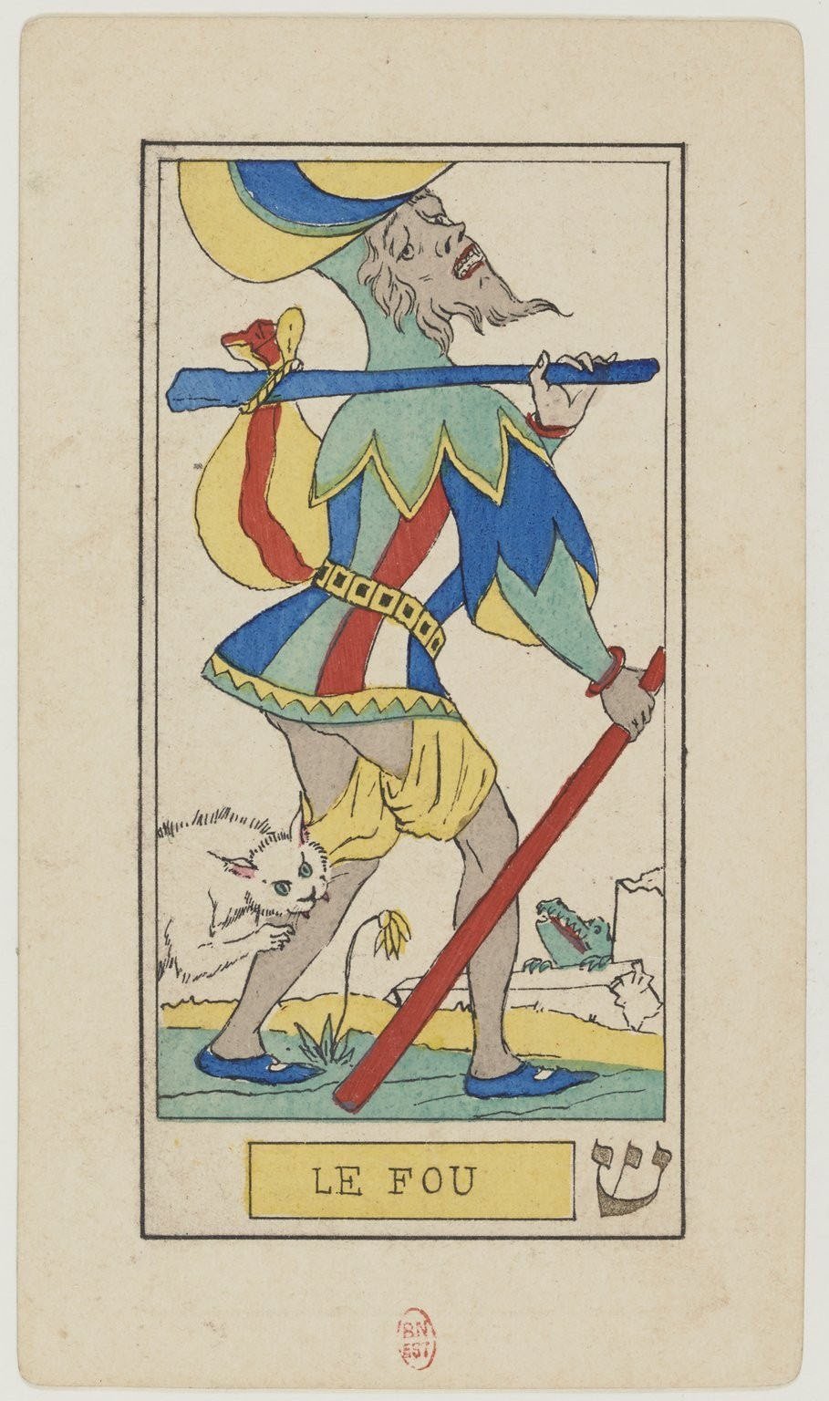 The Le Fou card from Oswald Wirth's 1889 tarot deck, showing a bearded wanderer in a wide hat and patched clothes carrying a bundle on a blue staff, while a white cat claws at his leg and a small dragon lurks behind.