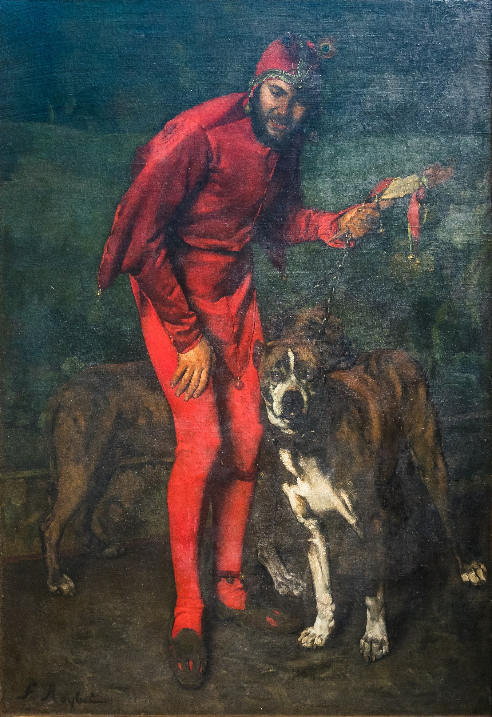 A 19th-century oil painting by Ferdinand Roybet of a court jester in a red cap and red tunic holding a bauble scepter, standing beside a large brindle dog against a dark background.