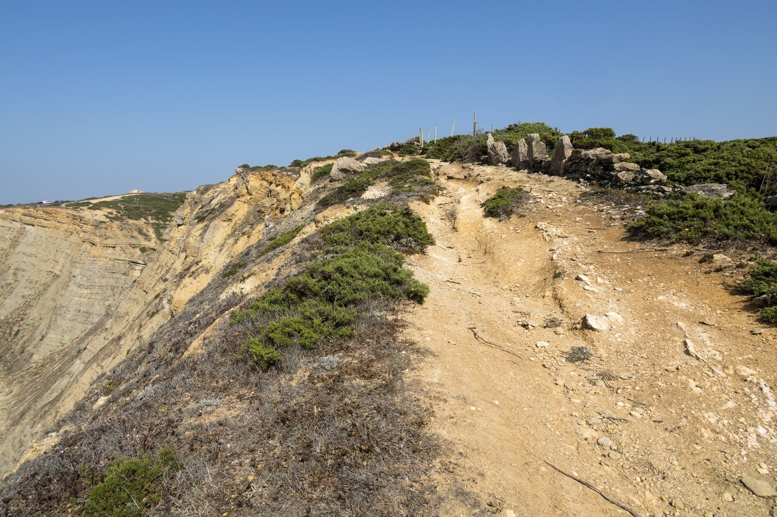 A dirt hiking trail running along the top of steep coastal cliffs in Portugal under a clear blue sky.