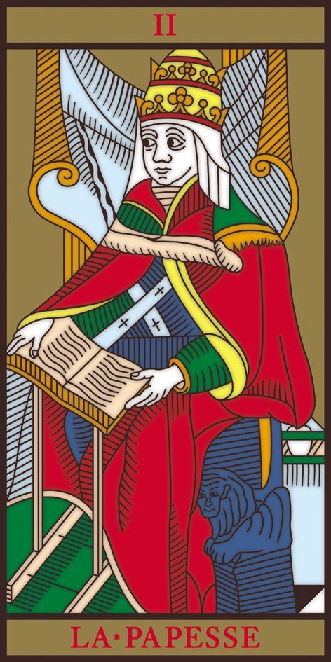 The Papesse card from a tarot of Marseille deck, showing a seated crowned figure in red, blue, and green papal robes with a triple crown, holding an open book, with II at the top and LA PAPESSE at the bottom.