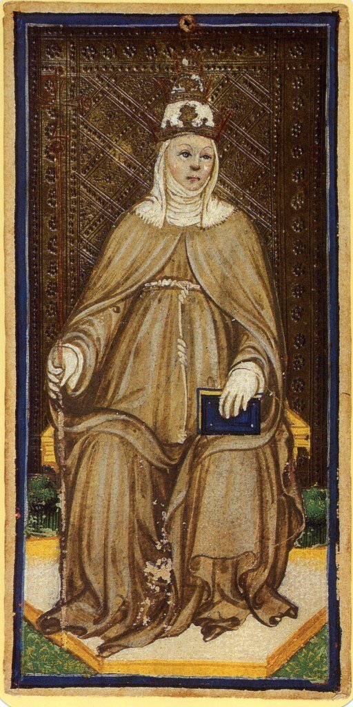 The High Priestess card from the mid-15th-century Visconti-Sforza tarot, a hand-painted miniature of a seated woman in a brown mantle and white wimple holding a small blue book, against a gold-patterned background.