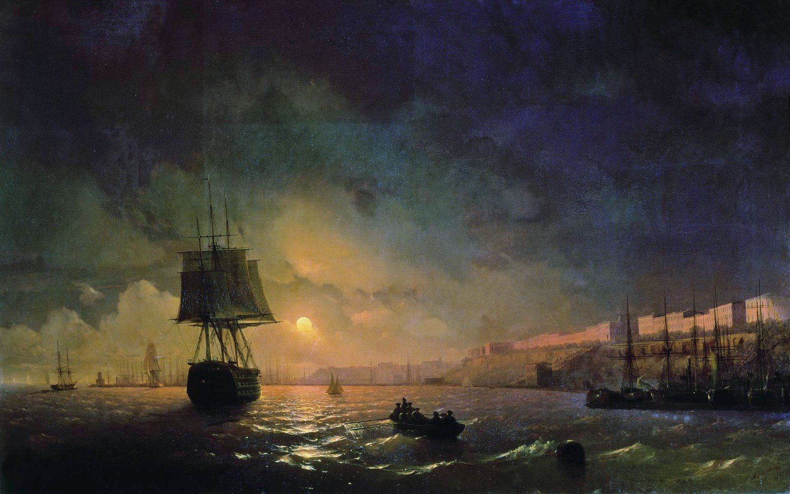 Ivan Aivazovsky's moonlit seascape of Odessa harbor: tall ships and a rowboat on dark water under a glowing moon, its light reflecting across the waves, with the lit shoreline at right.