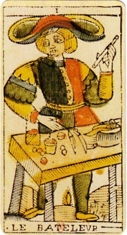 The Bateleur card from the early 18th-century Jean Dodal tarot of Marseille, showing a mountebank in a wide hat behind a table covered with cups, dice, and knives, holding a wand.