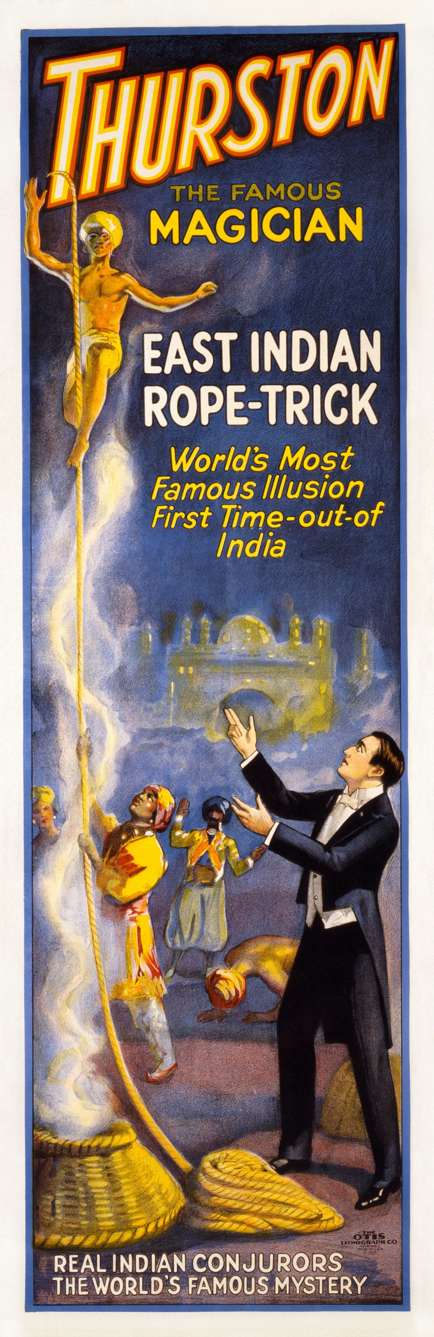 A vintage color lithograph poster for Thurston the Famous Magician's East Indian Rope-Trick, showing a magician in a tuxedo gesturing toward a boy climbing a rope, with Indian conjurors and a palace behind them.