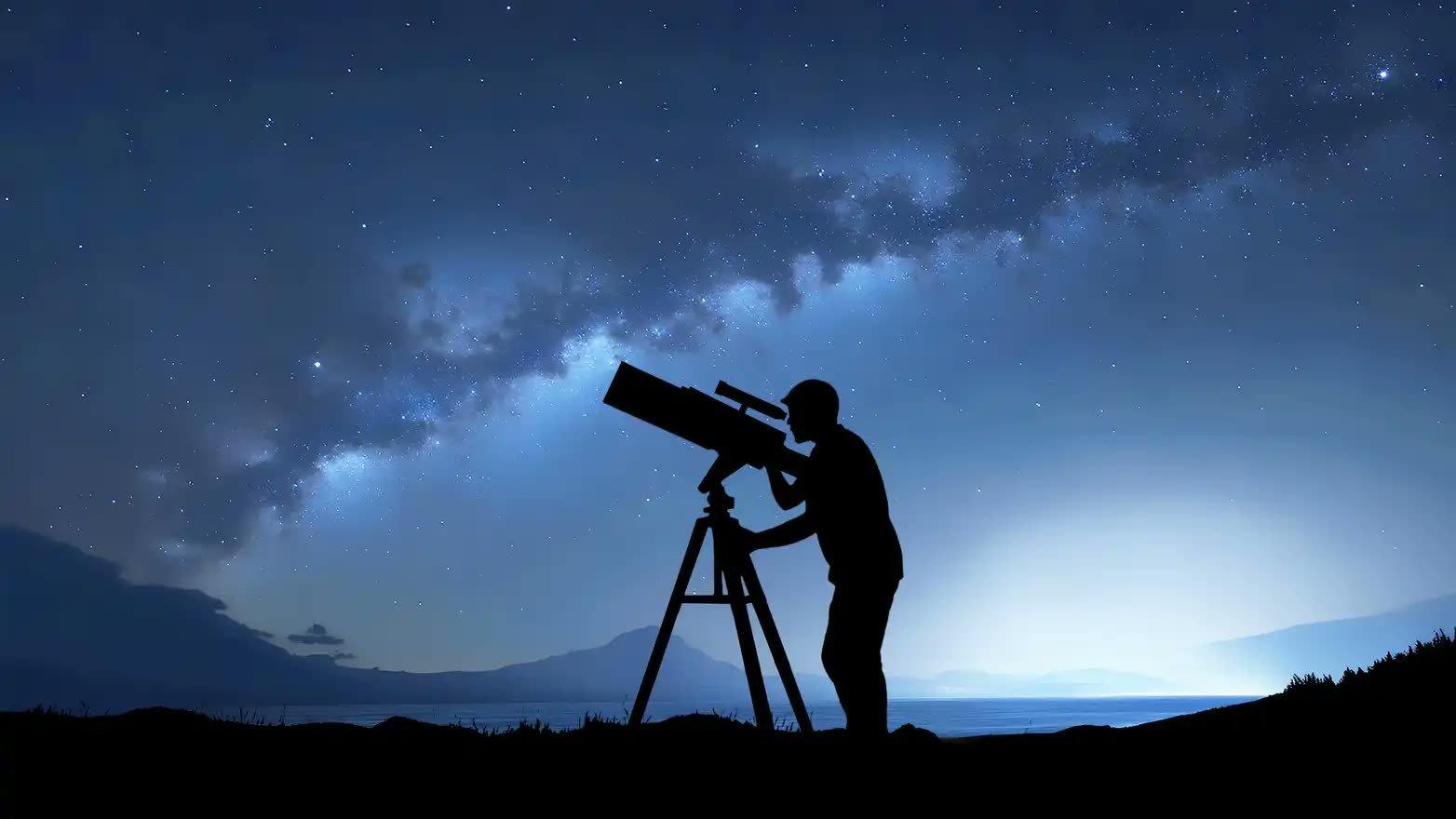 The silhouette of a person stargazing through a telescope