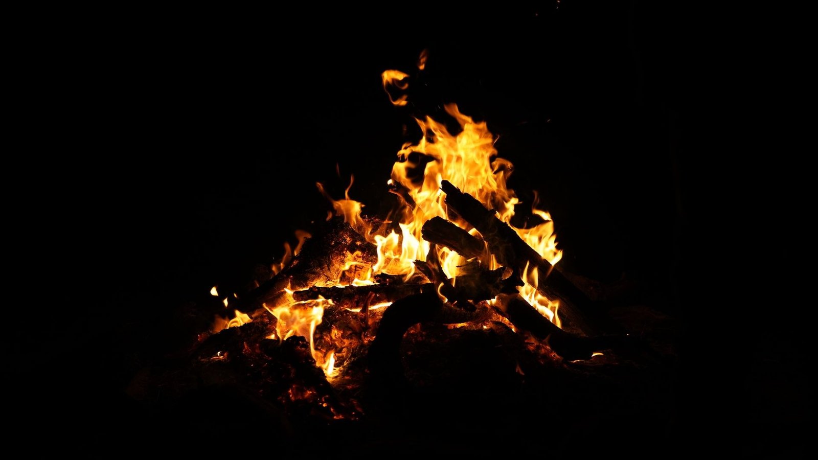 Bright orange bonfire flames burning against a black night sky.