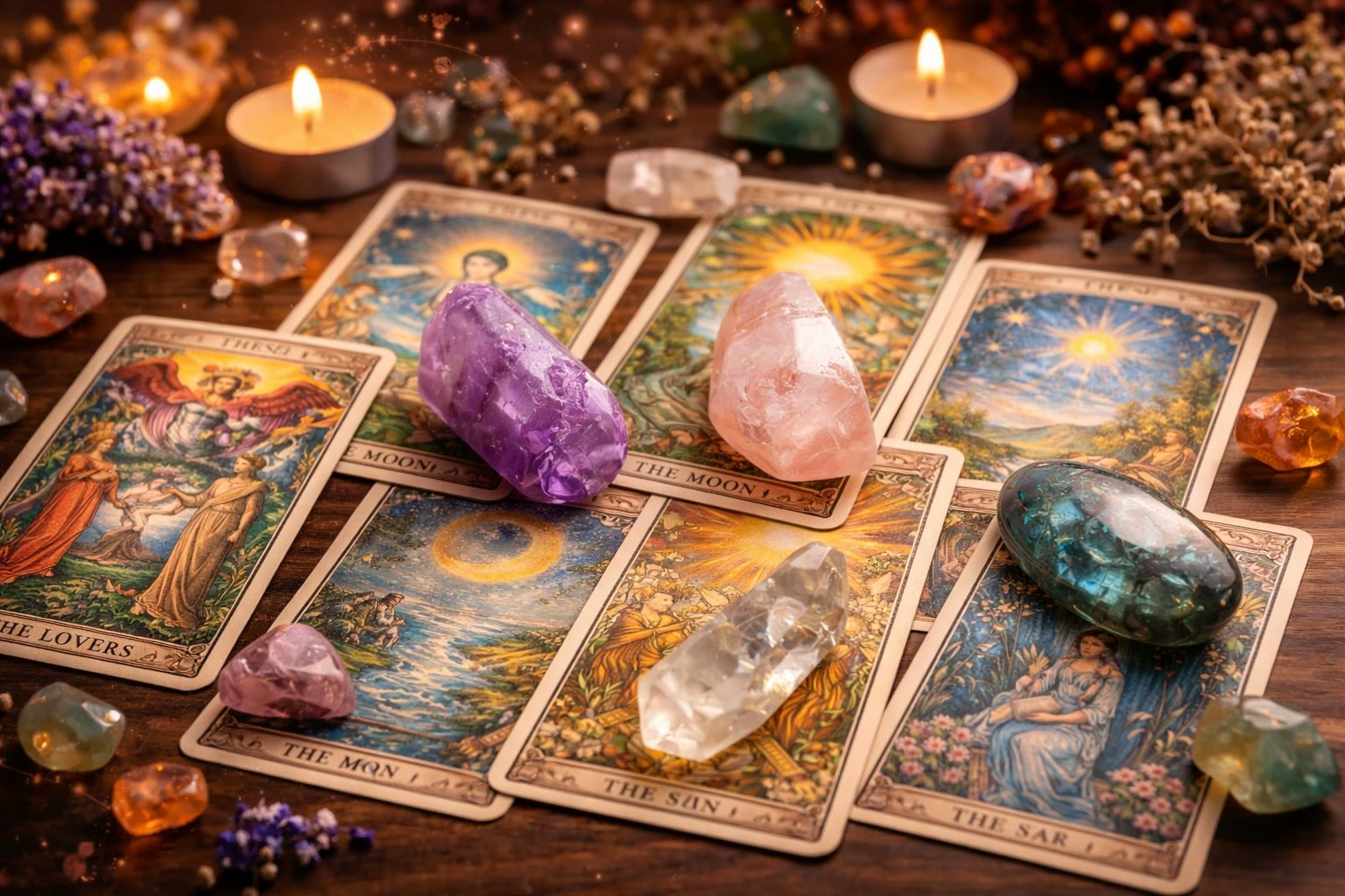 Tarot cards laid on a wooden table with crystals, lit candles, and dried flowers.