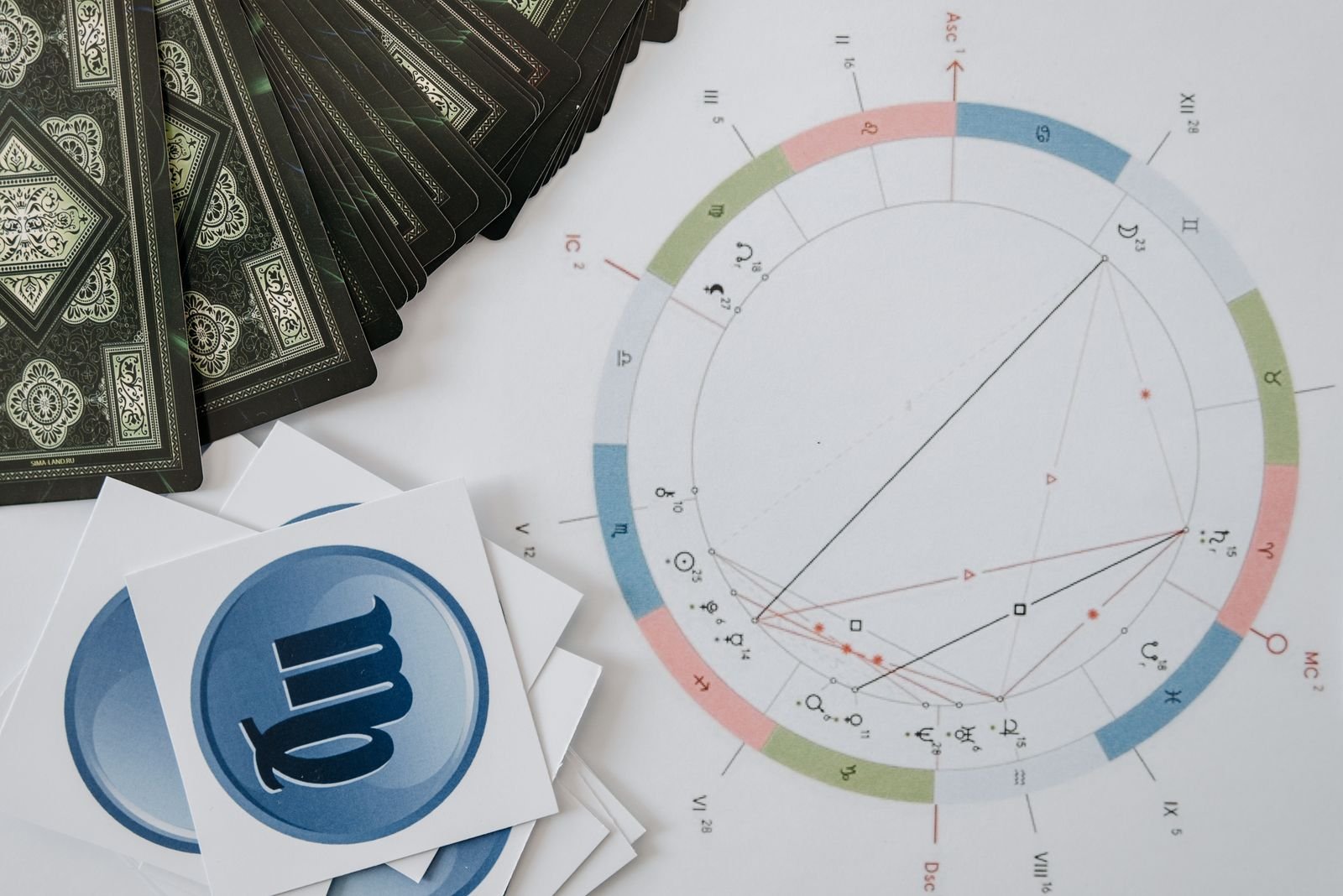 A printed natal chart wheel with planetary glyphs and aspect lines beside a fanned stack of dark-backed tarot cards and small zodiac symbol cards.