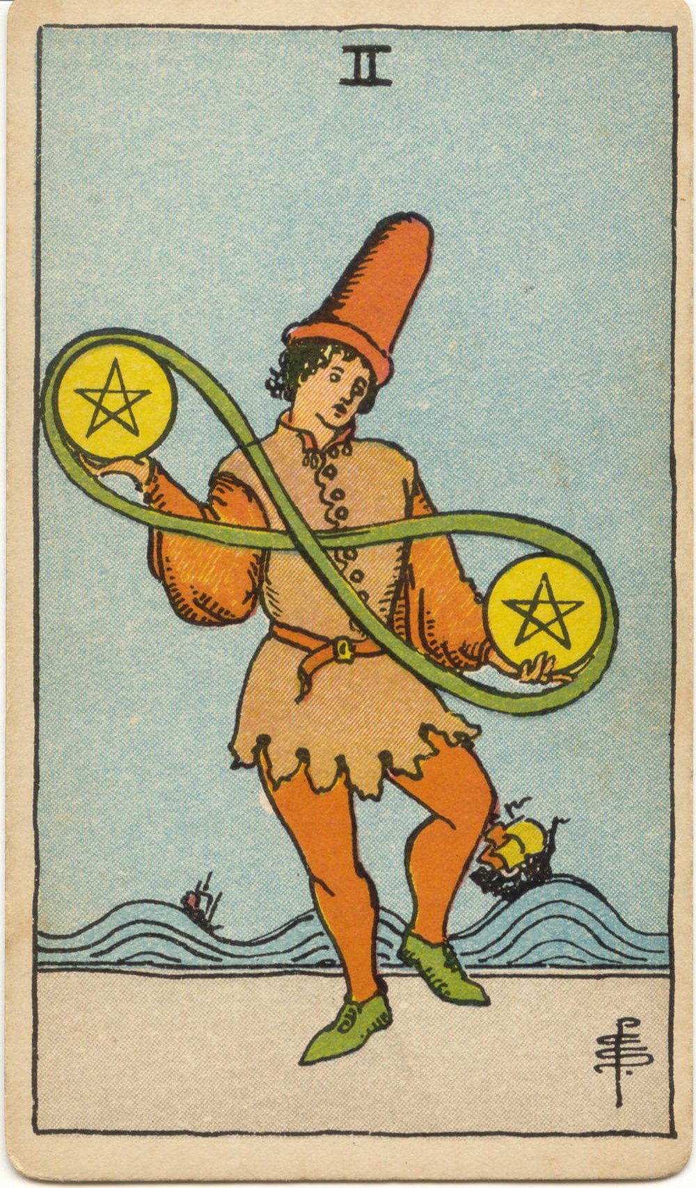 The Two of Pentacles from the Rider-Waite-Smith tarot deck: a young man in a red hat dances while juggling two large gold pentacle coins in a green figure-eight loop, ships riding rolling waves behind him.