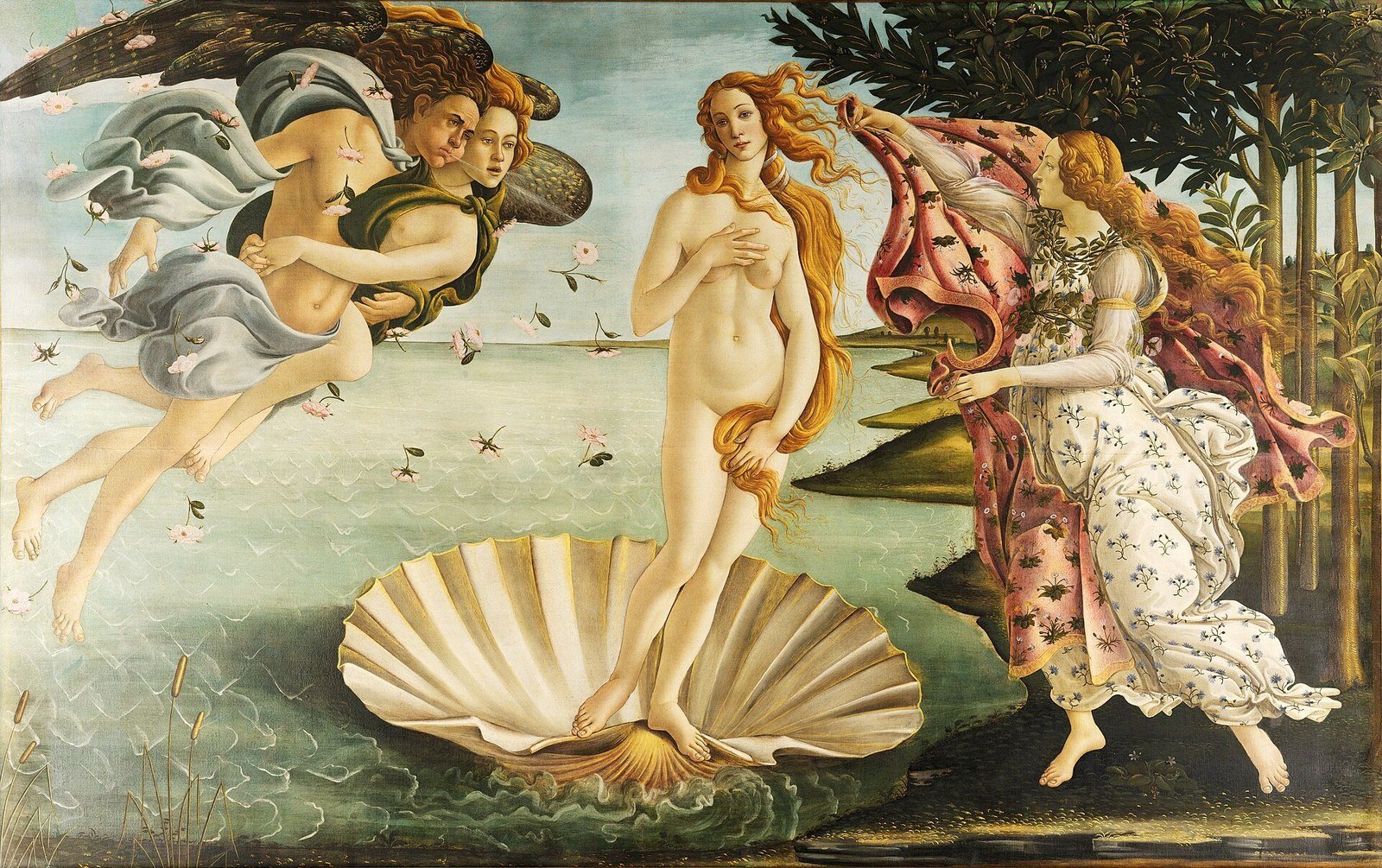 Sandro Botticelli's painting The Birth of Venus, showing Venus standing on a giant scallop shell between wind gods and a robed attendant