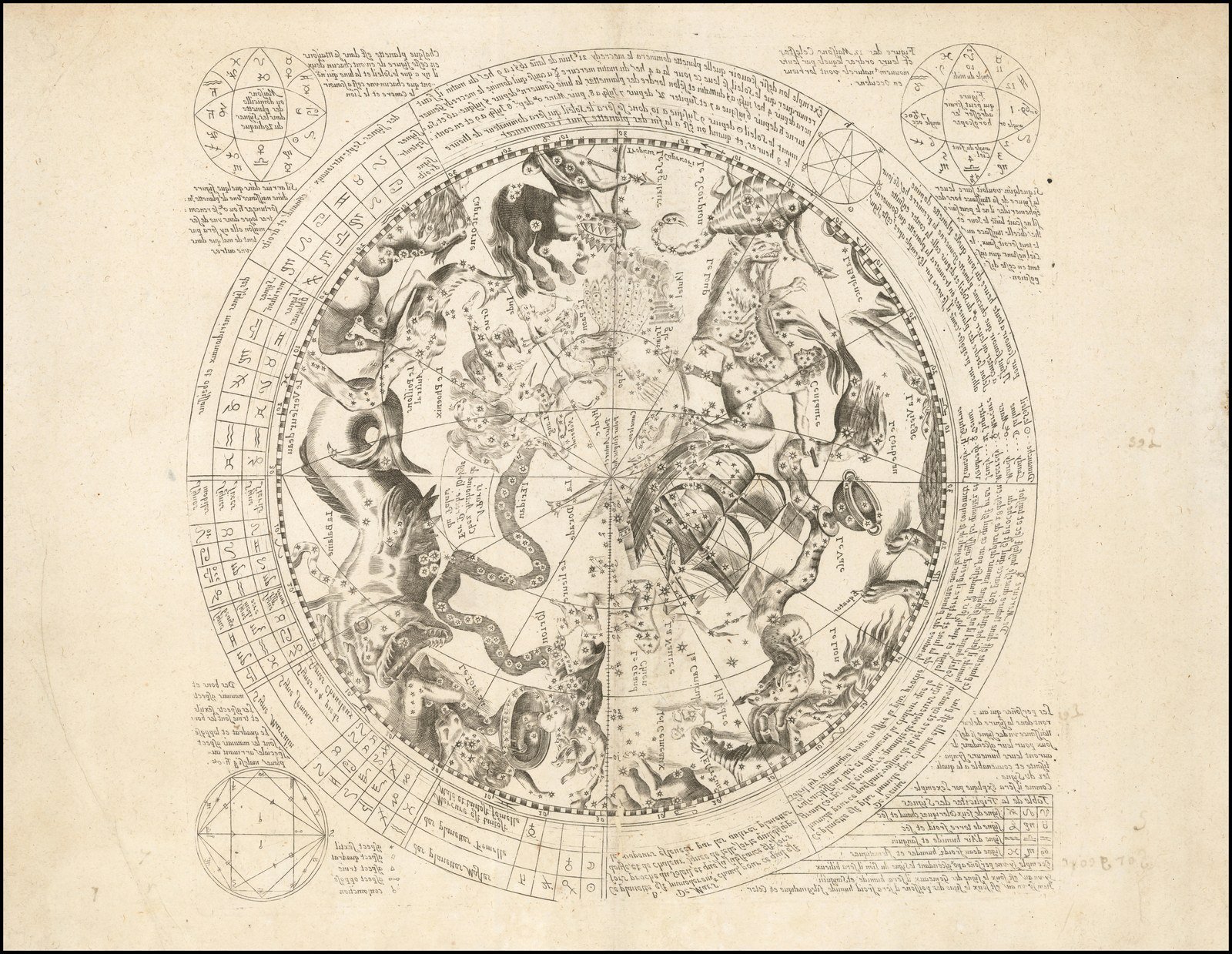 An antique celestial chart of the southern hemisphere with constellation figures, horoscope diagrams, and a band of zodiac signs