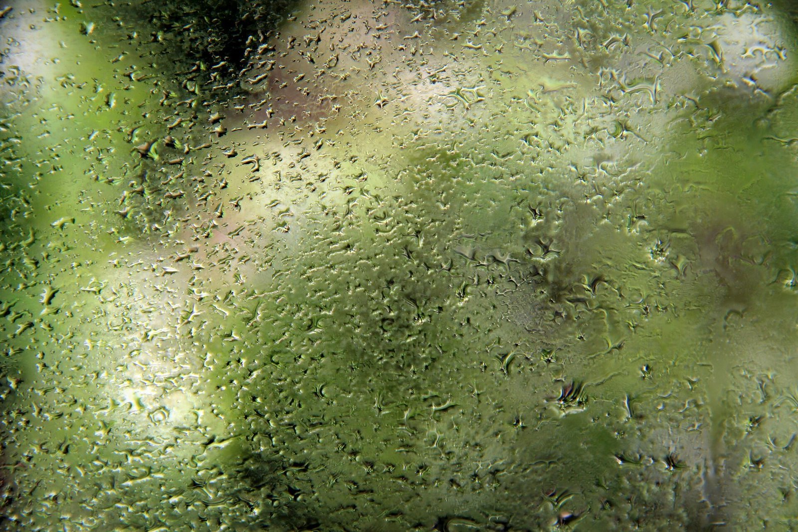 Rain streaking down a windowpane, blurred city lights glowing softly through the droplets at dusk.