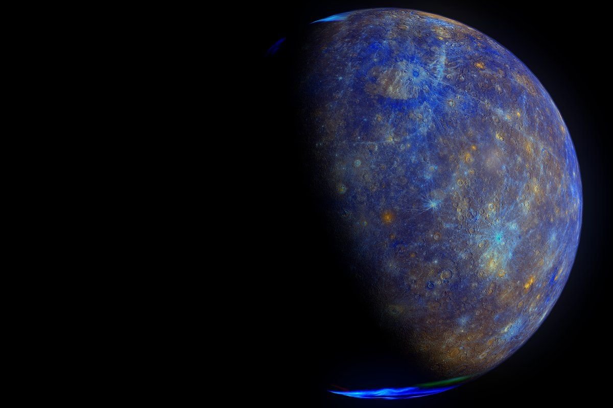 Crescent view of Mercury in false color, half in shadow against black space