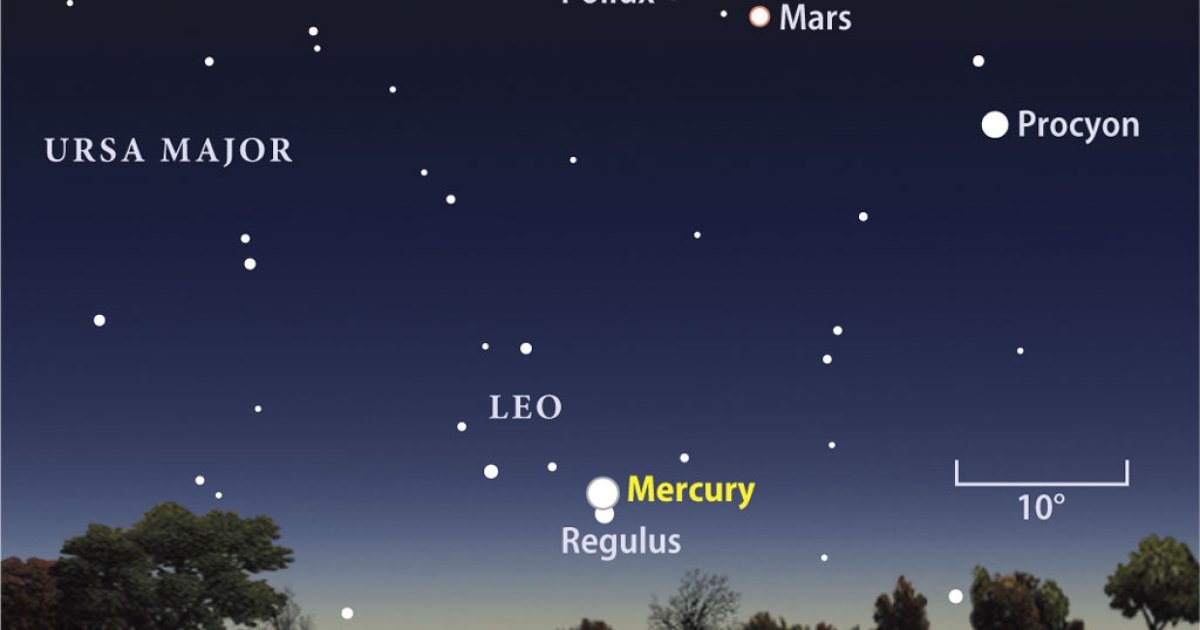 Illustrated star chart labeling Mercury near Regulus in the constellation Leo