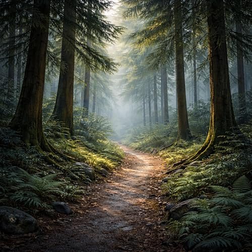 A forest path with sunlight streaming through tall trees