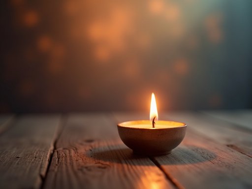 A lit candle in a small bowl on a wooden table with a warm blurred background
