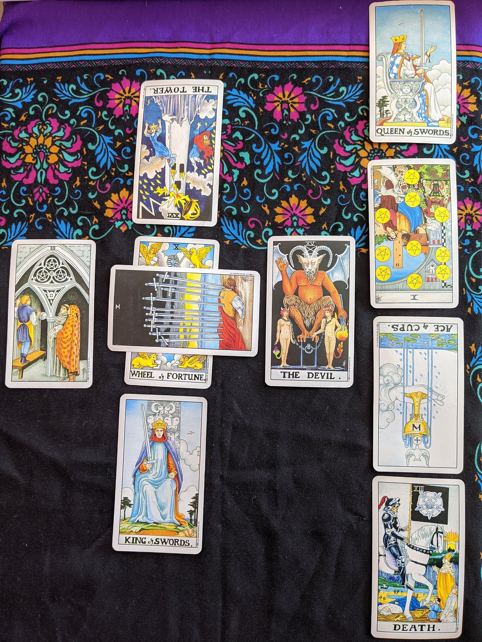 A Celtic Cross tarot spread laid out face up on a patterned cloth